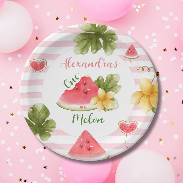Assiettes En Carton Aquarelle rose un dans un Melon fille premier anni (Créateur téléchargé)