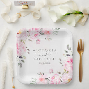 Assiettes En Carton Aquarelle rose vif Mariage de pivoine florale