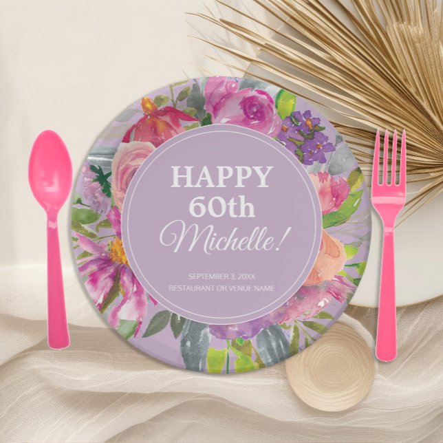 Assiettes En Carton Aquarelle rose violet Fleur sauvage 60e anniversai (Purple and pink watercolor floral 60th birthday party paper plates)