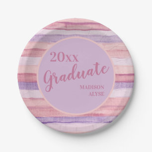 Assiettes En Carton Aquarelle rose violet rayée Classe de graduation d