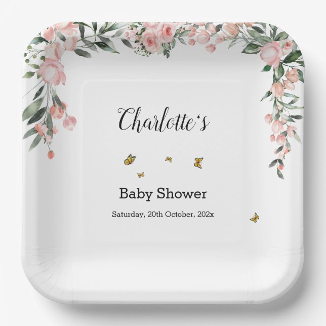 Assiettes En Carton Aquarelle Roses roses avec Baby shower de papillon (Recto)