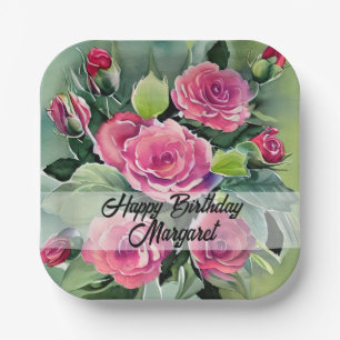Assiettes En Carton Aquarelle Roses Rouges Joyeux Anniversaire