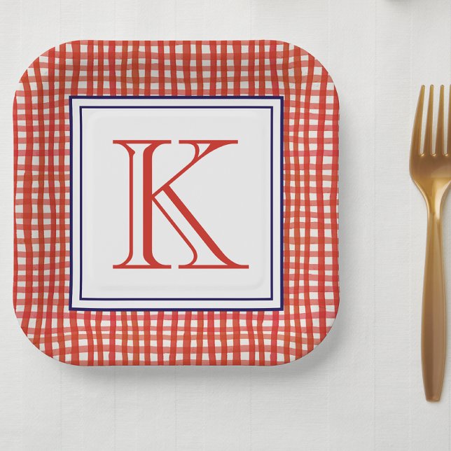 Assiettes En Carton Aquarelle rouge blanc et bleu En vichy monogramme (Créateur téléchargé)