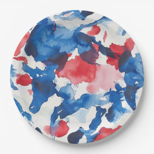 Assiettes En Carton Aquarelle rouge blanc et bleu Plaque Abstraite