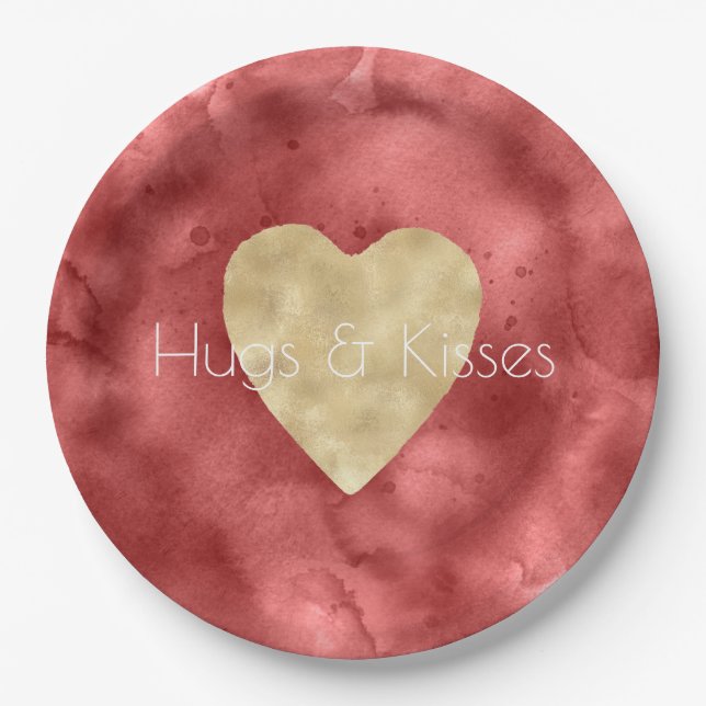 Assiettes En Carton Aquarelle rouge Coeur or (Devant)