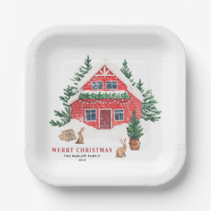 Assiettes En Carton Aquarelle Rouge Cottage Bois Fête de Noël