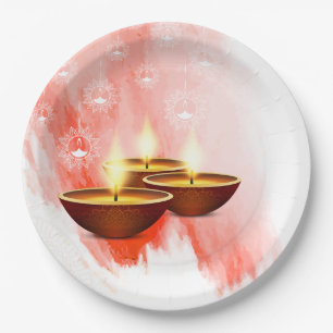 Assiettes En Carton Aquarelle rouge Diwali avec Diyas