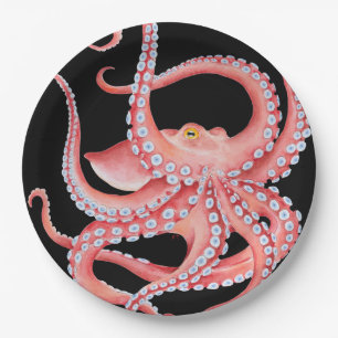 Assiettes En Carton Aquarelle rouge octopique en noir