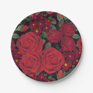 Assiettes En Carton Aquarelle rouge roses sur noir,
