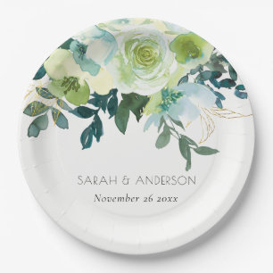Assiettes En Carton Aquarelle rustique bleu vert Floral Mariage