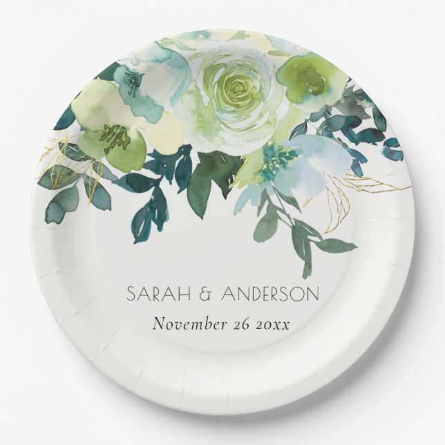 Assiettes En Carton Aquarelle rustique bleu vert Floral Mariage (Devant)