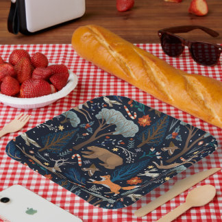 Assiettes En Carton Aquarelle rustique Bois Animaux Arbres Noël