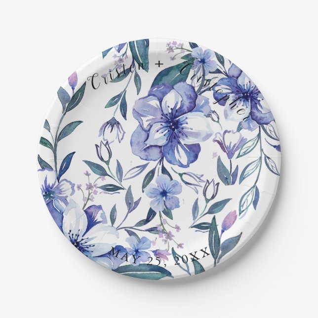 Assiettes En Carton Aquarelle Rustique Dusty Blue Floral Mariage (Devant)