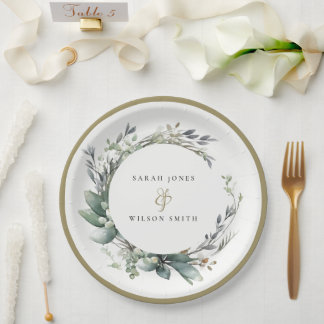 Assiettes En Carton Aquarelle rustique Mariage de serrure vert feuilla
