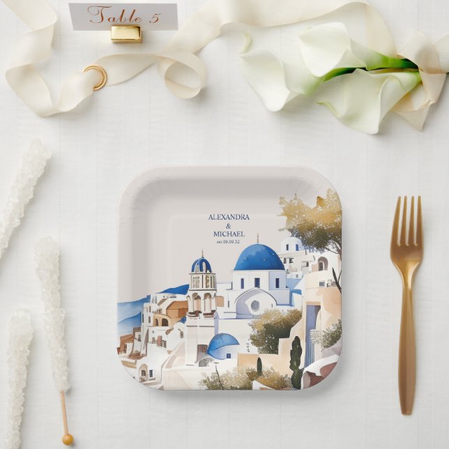 Assiettes En Carton Aquarelle Santorin Destination Mariage (Mariage)