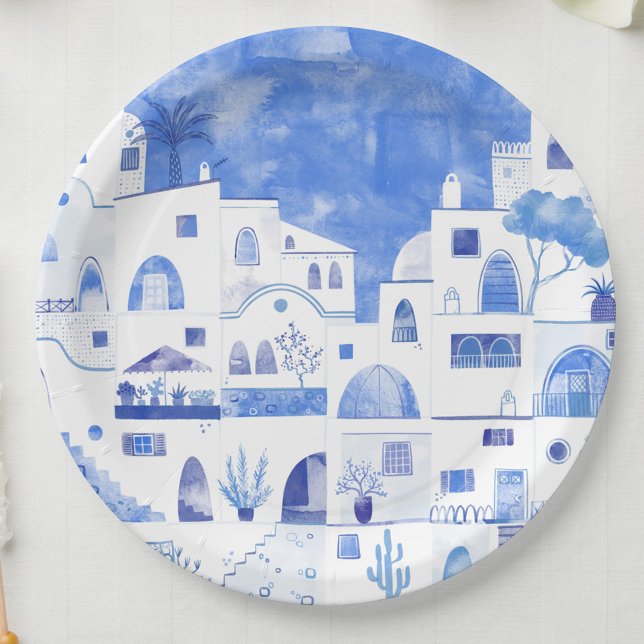 Assiettes En Carton Aquarelle Santorin Grèce (Blue and white watercolor painting of Santorini on paper plates)