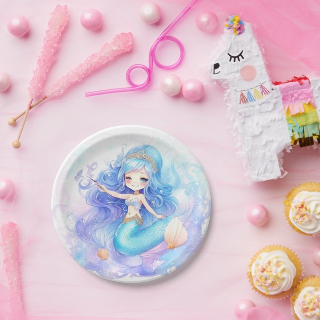 Assiettes En Carton Aquarelle Sirène bébé fille douche (Fête)