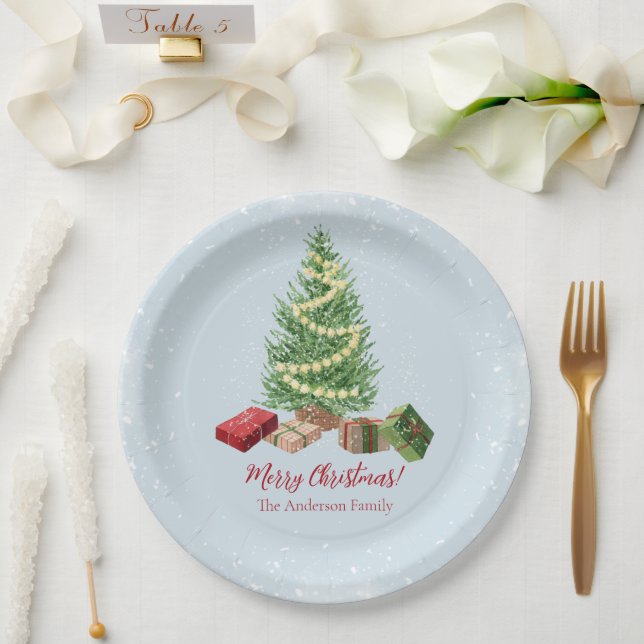 Assiettes En Carton Aquarelle Snowy Arbre de Noël et cadeaux (Mariage)