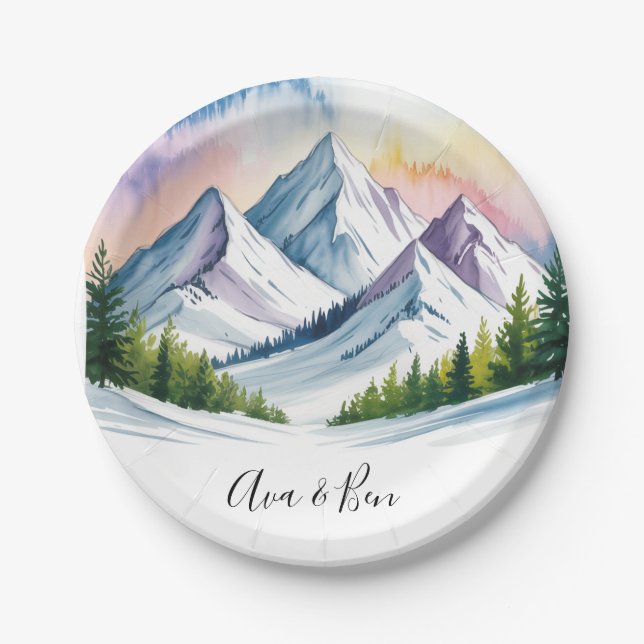 Assiettes En Carton Aquarelle Snowy Mountain Mariage paysage (Devant)
