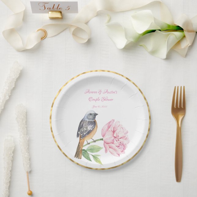 Assiettes En Carton Aquarelle Songbird et Rose Couple Douche (Mariage)