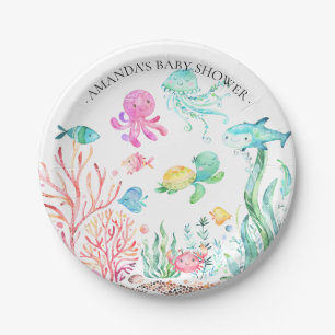 Assiettes En Carton Aquarelle sous le baby shower 7" de mer plat