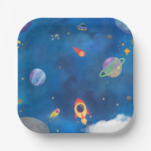Assiettes En Carton Aquarelle spatiale - Bleu foncé