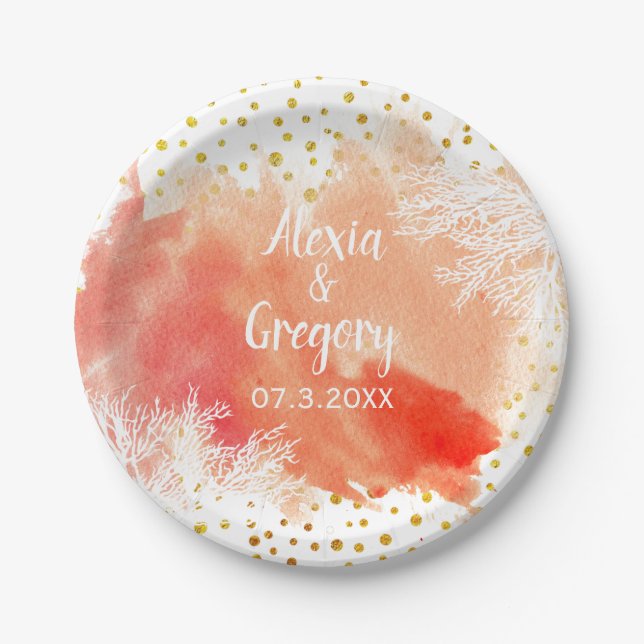 Assiettes En Carton Aquarelle splash corail récif or confetti mariage (Devant)