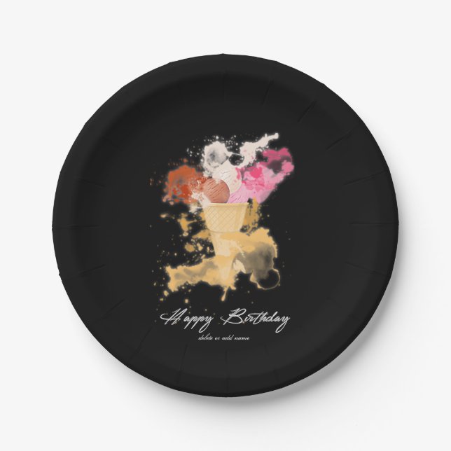 Assiettes En Carton Aquarelle Splatter Anniversaire Glace (Devant)