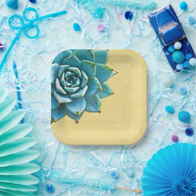 Assiettes En Carton Aquarelle Succulente Dentelle jaune (Fête)