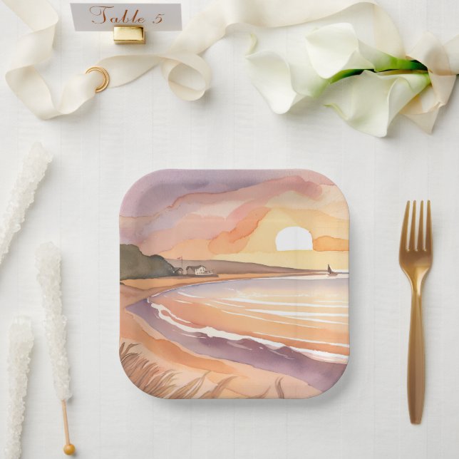 Assiettes En Carton Aquarelle Sunset Beach | Belle peinture océanique (Mariage)