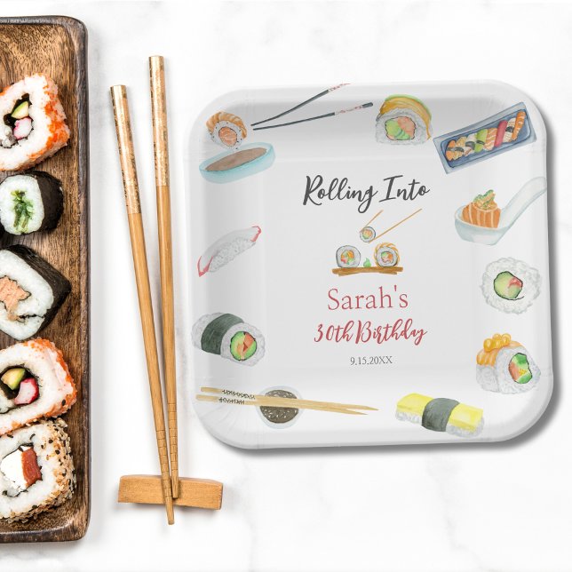 Assiettes En Carton Aquarelle Sushi et Sashimi Anniversaire Blanc (Créateur téléchargé)