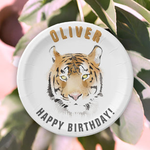 Assiettes En Carton Aquarelle Tiger Head Nom de l'anniversaire