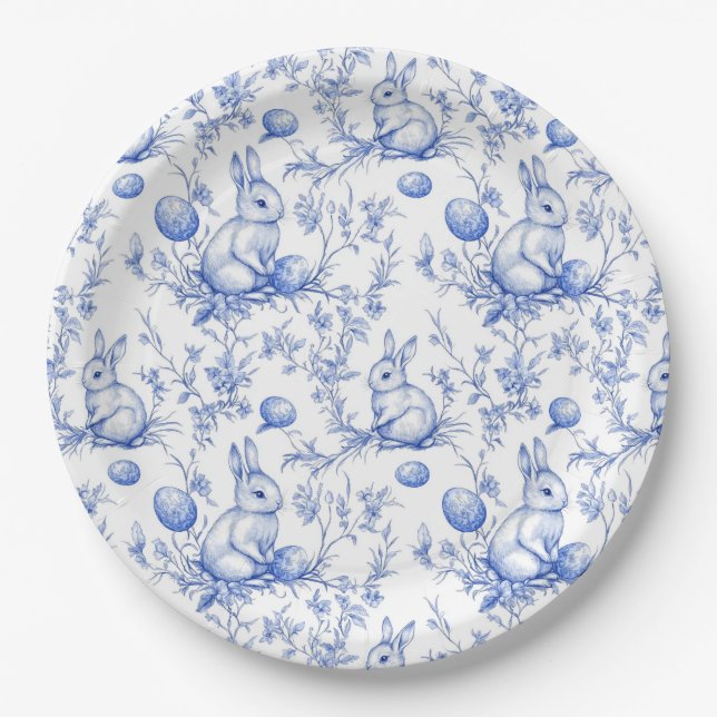 Assiettes En Carton Aquarelle Toile Bleue De Jouy Bunny Pâques (Devant)