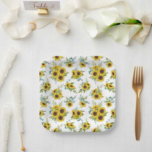 Assiettes En Carton Aquarelle Tournesol Motif plaque papier (Mariage)