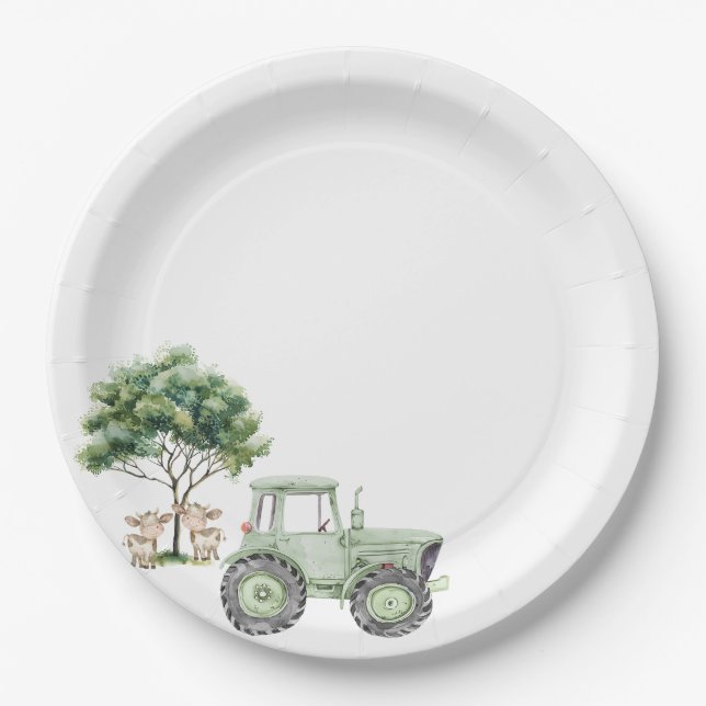 Assiettes En Carton Aquarelle Tracteur vert Plaques de papier de ferme (Devant)