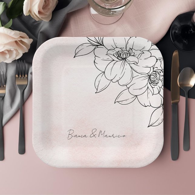 Assiettes En Carton Aquarelle transparente avec Elégant noir floral dé (Blush Watercolor with Elegant Black Floral Detail Paper Plates)