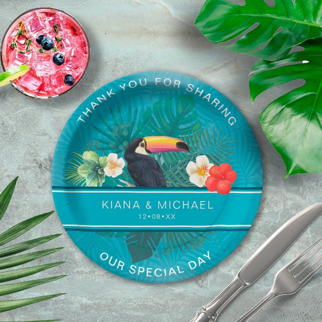 Assiettes En Carton Aquarelle Tropical avec Toucan Merci Teal ID577 (Créateur téléchargé)