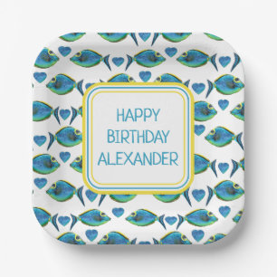 Assiettes En Carton Aquarelle Tropical Blue Fish and Hearts