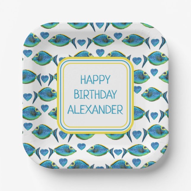 Assiettes En Carton Aquarelle Tropical Blue Fish and Hearts (Recto)