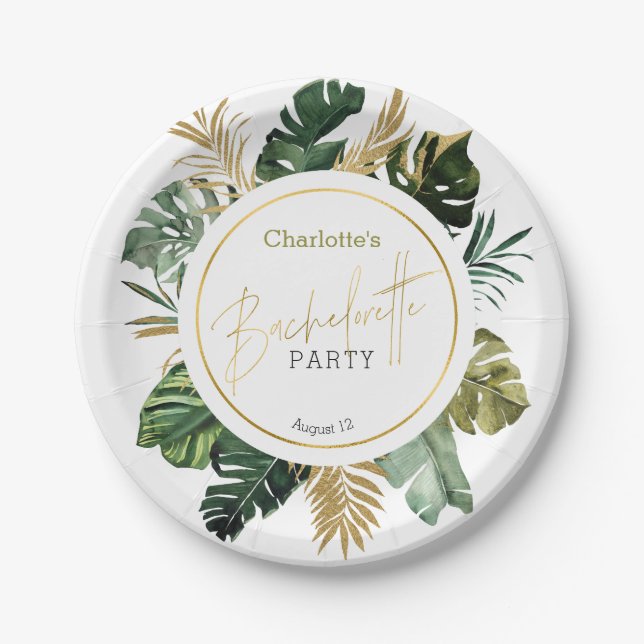 Assiettes En Carton Aquarelle Tropical Gold Foil Bachelorette (Devant)