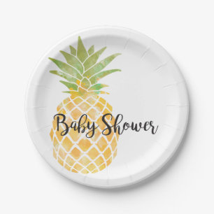 Assiettes En Carton Aquarelle tropicale Baby shower d'ananas jaune