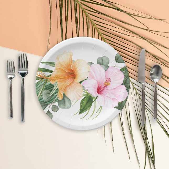 Assiettes En Carton Aquarelle tropicale de l'Hibiscus orange et roseFl (Plate available in 2 sizes: 7-inch diameter and 9-inch diameter.)
