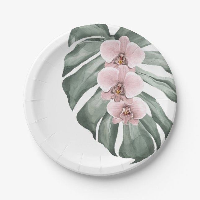 Assiettes En Carton Aquarelle tropicale exotique Orchidées roses (Devant)