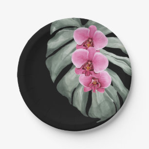 Assiettes En Carton Aquarelle tropicale exotique Orchidées roses chaud