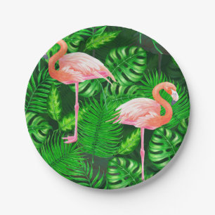 Assiettes En Carton Aquarelle tropicale Flamant rose