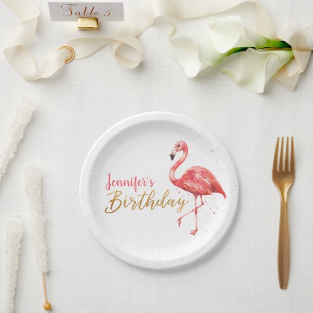 Assiettes En Carton Aquarelle tropicale Flamant rose Or Anniversaire | (Mariage)