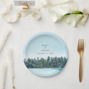 Assiettes En Carton Aquarelle tropicale Palms & Mariage de plage