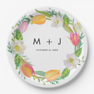 Assiettes En Carton Aquarelle Tulip rose et blanc Mariage Cheval