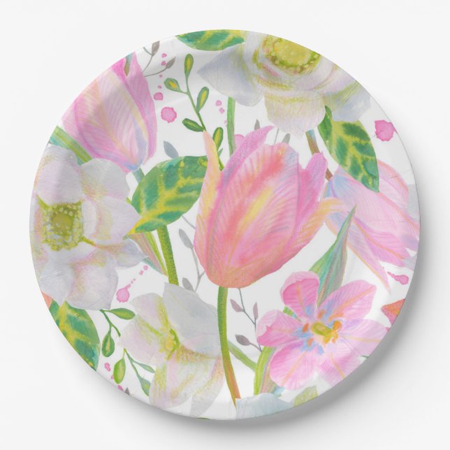 Assiettes En Carton Aquarelle Tulipe rose Motif Plaque papier (Devant)