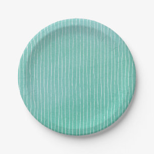 Assiettes En Carton Aquarelle turquoise bleue verte avec rayures blanc